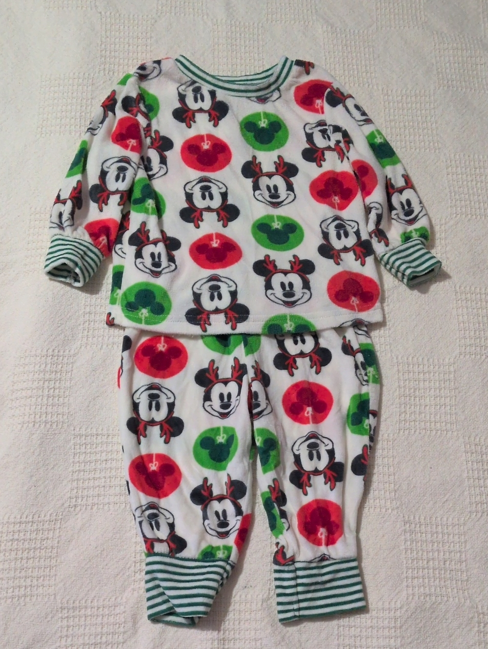 Disney White Fleece Pajama Set with Red & Green Character Circles